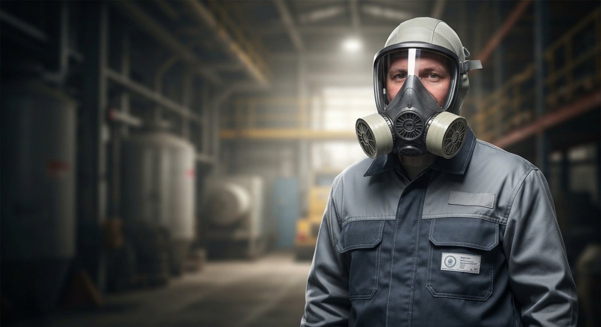 Противогаз с панорамным стеклом и двойными фильтрами на рабочем