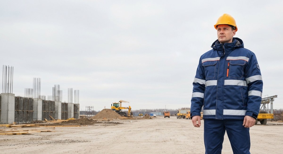 Рабочий на стройке в зимней спецодежде: куртка с утеплителем и светоотражающими элементами